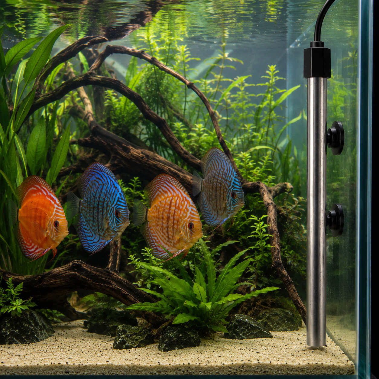 Aquaplante Basic T-300W chauffage titane fixe par ventouses dans un aquarium d eau douce