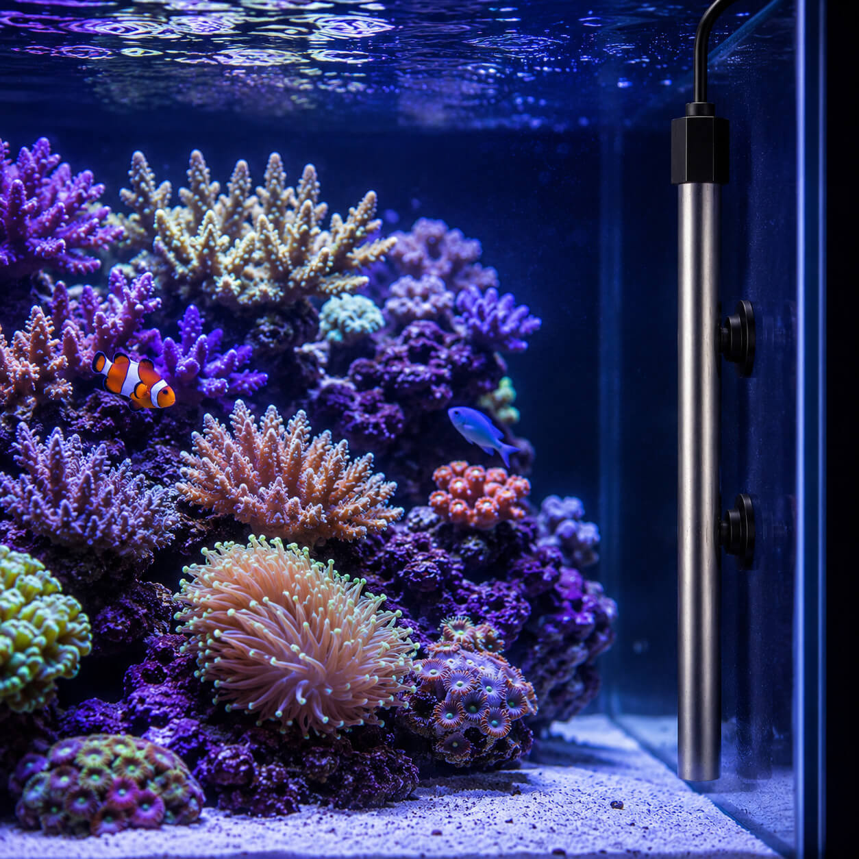 Aquaplante Basic T-1000W chauffage titane installe dans un aquarium recifal marin