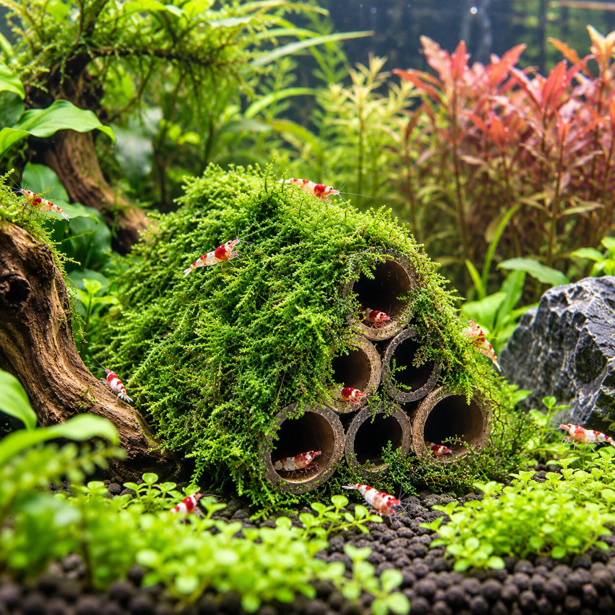 Pyramide bambou mousse de Java en aquarium avec crevettes Crystal Red