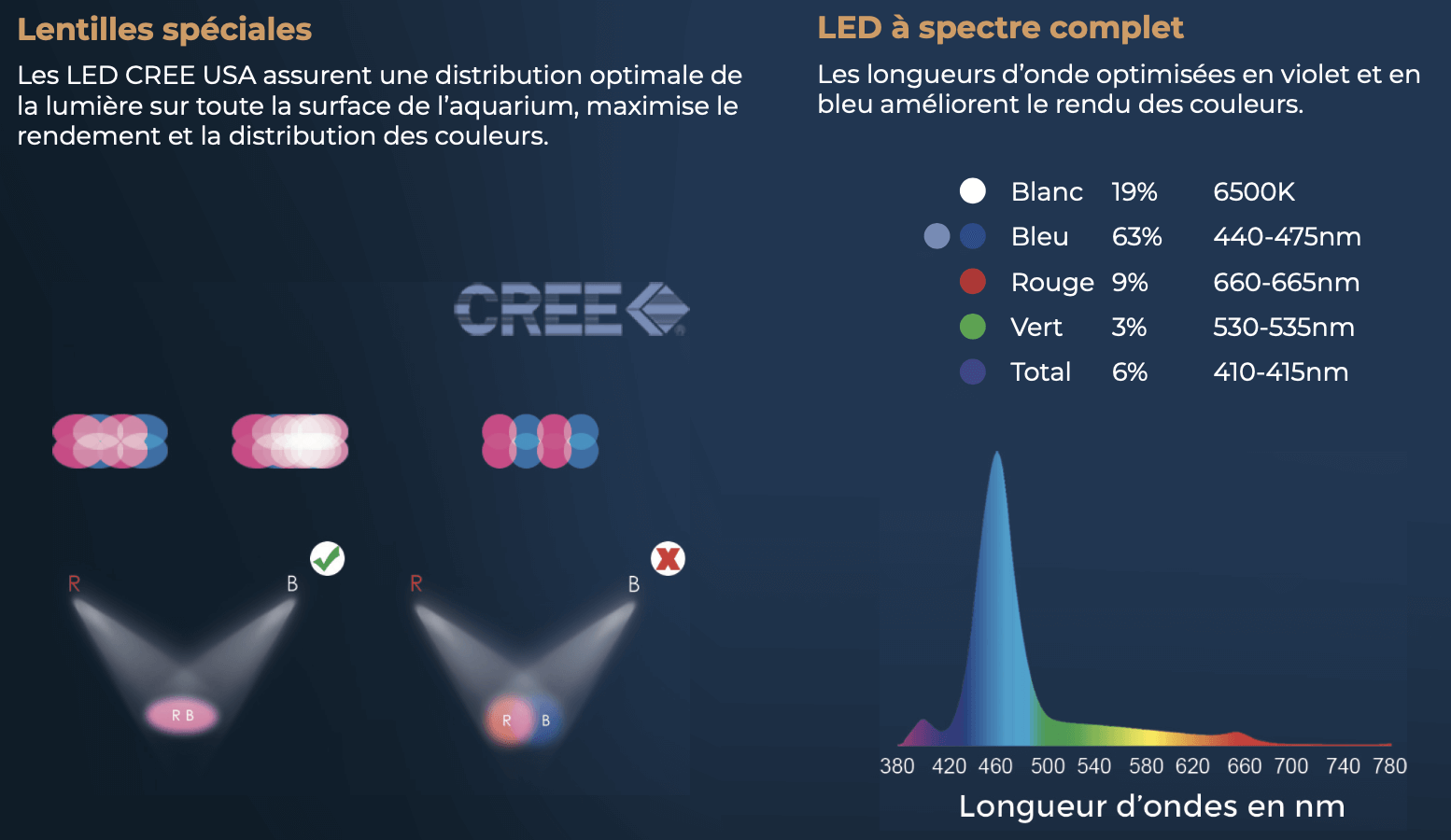 Les LED CREE USA assurent une distribution optimale de la lumière sur toute la surface de l’aquarium, maximise le rendement et la distribution des couleurs.