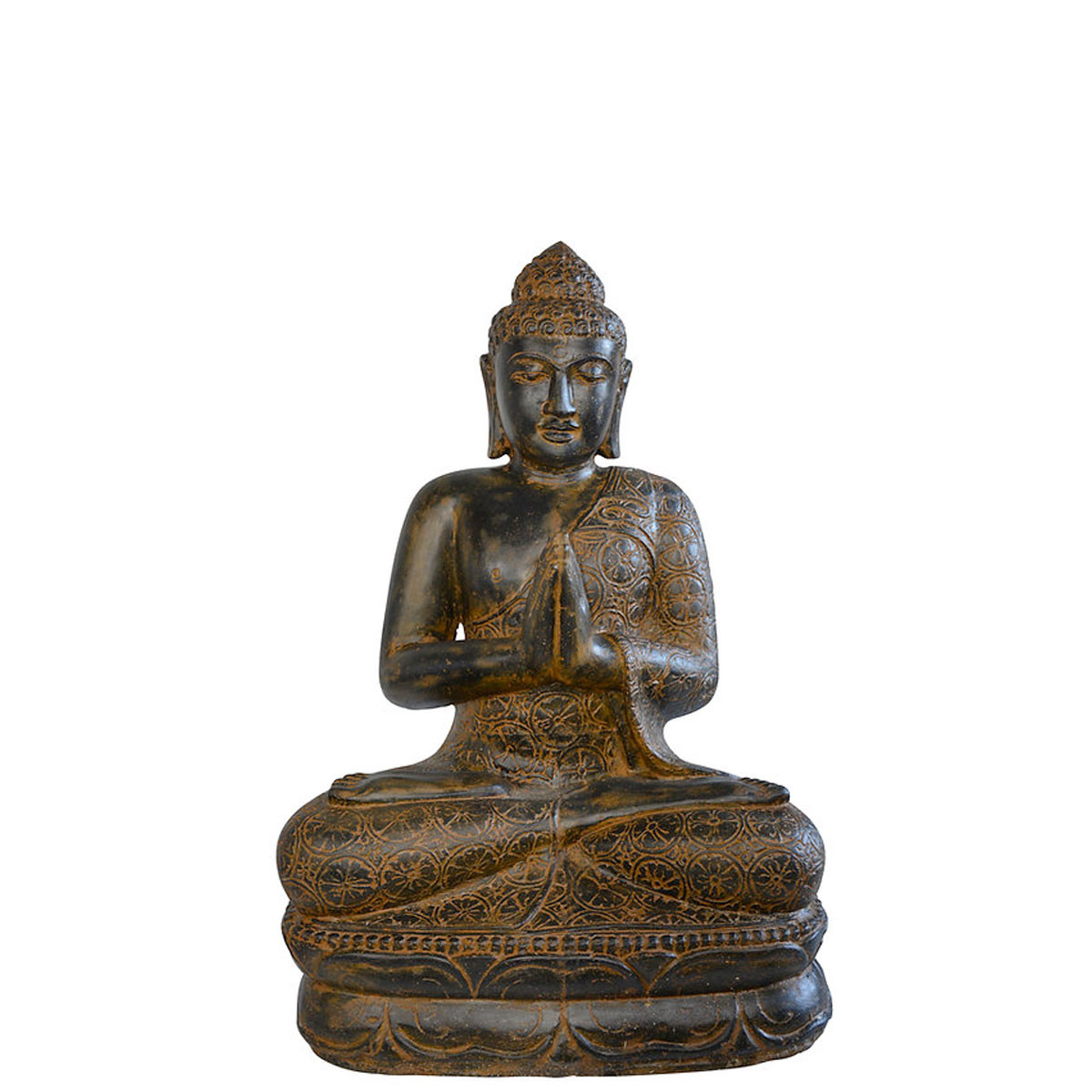 Statue de buddha assis 100cm Salutations avec finition exceptionnelle. Idéale pour la décoration du jardin, pour agrémenter un espace zen ou de détente. Très utilisée dans les hôtels, spa et autres lieux de méditation