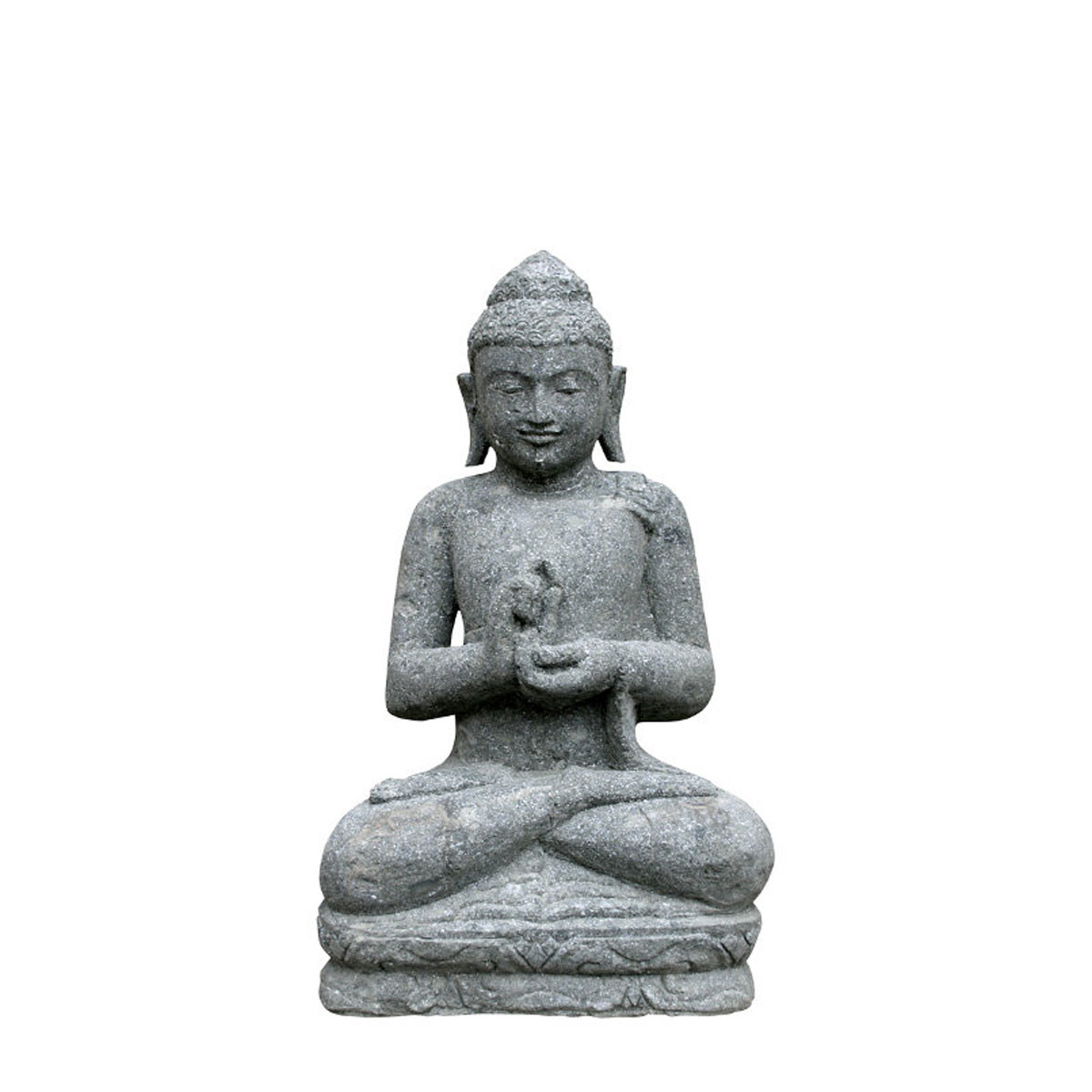 Statue de buddha assis de 100cm en position argumentation, idéale pour la décoration de jardin ou d'un espace zen ou de détente. Sculptée à la main par nos artistes dans de la pierre de basanite