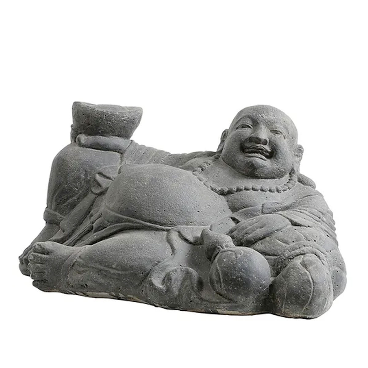 Statue de 60cm de largeur représentant un buddha chinois couché content, idéale en décoration d'intérieur ou de jardin