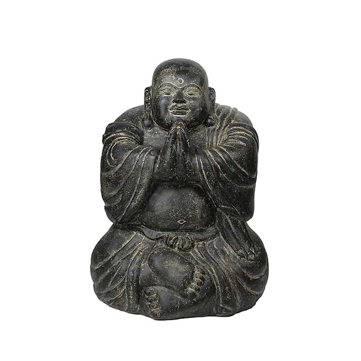 Statue de moine obèse chinois assis de 22cm, idéale en décoration d'un espace zen, en décoration de maison ou pour un petit jardin