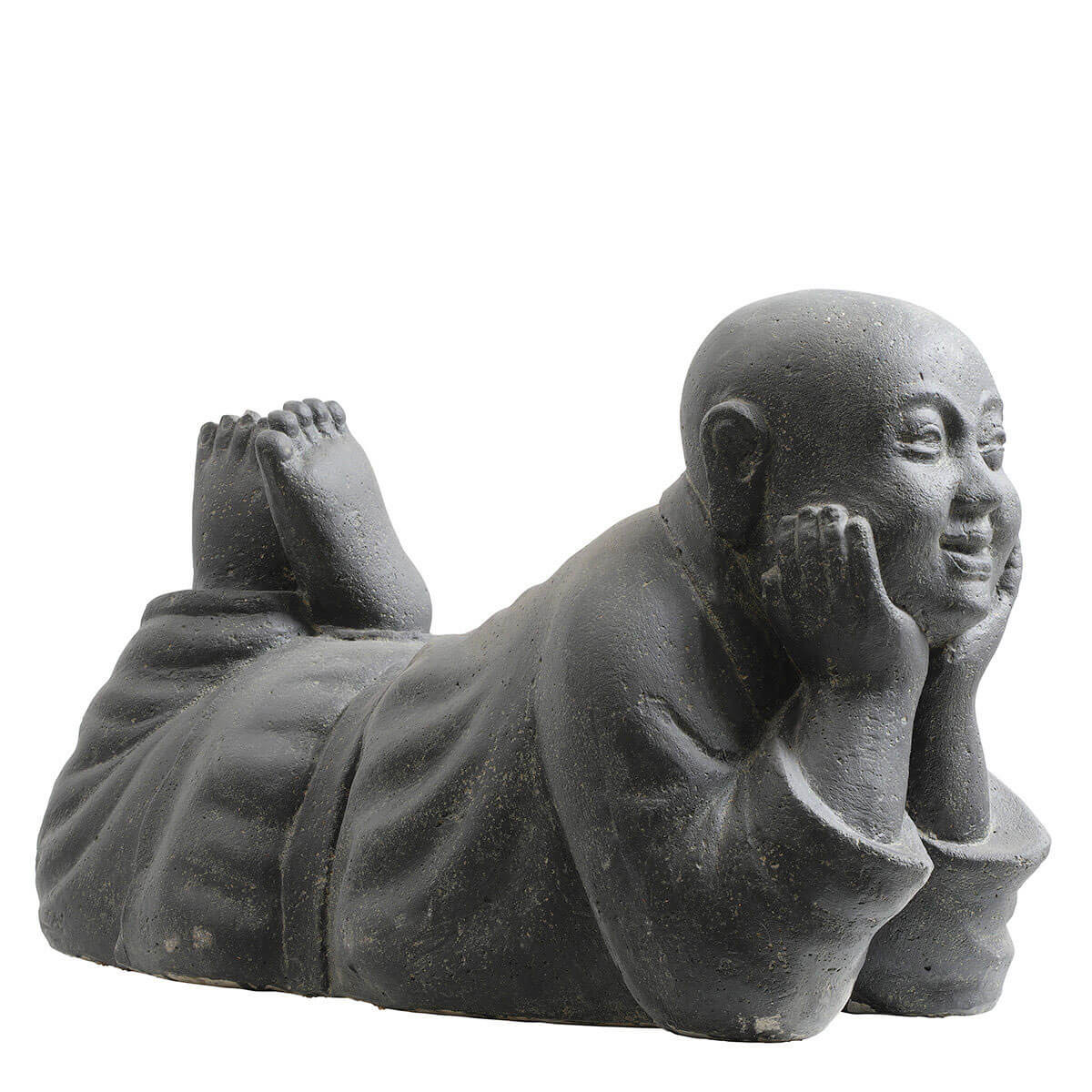 Statue de 63cm représentant un moine asiatique couché. Idéale en décoration d'intérieur ou pour un espace zen ou de détente.