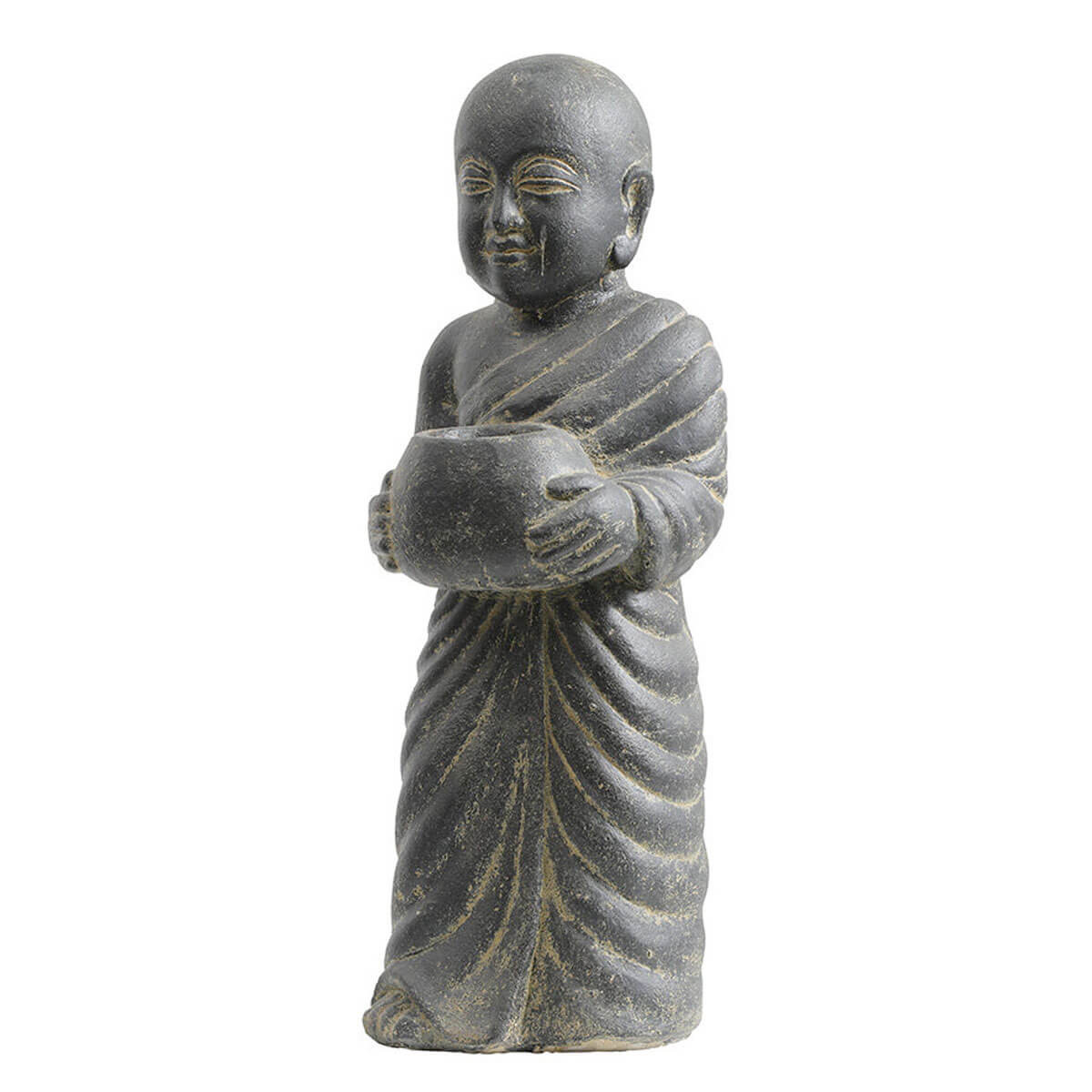 Statue représentant un moine asiatique debout Avec un pot pour bougie ou plante. Hauteur 60cm. Idéale pour un espace zen ou de détente, une décoration d'intérieur ou de jardin