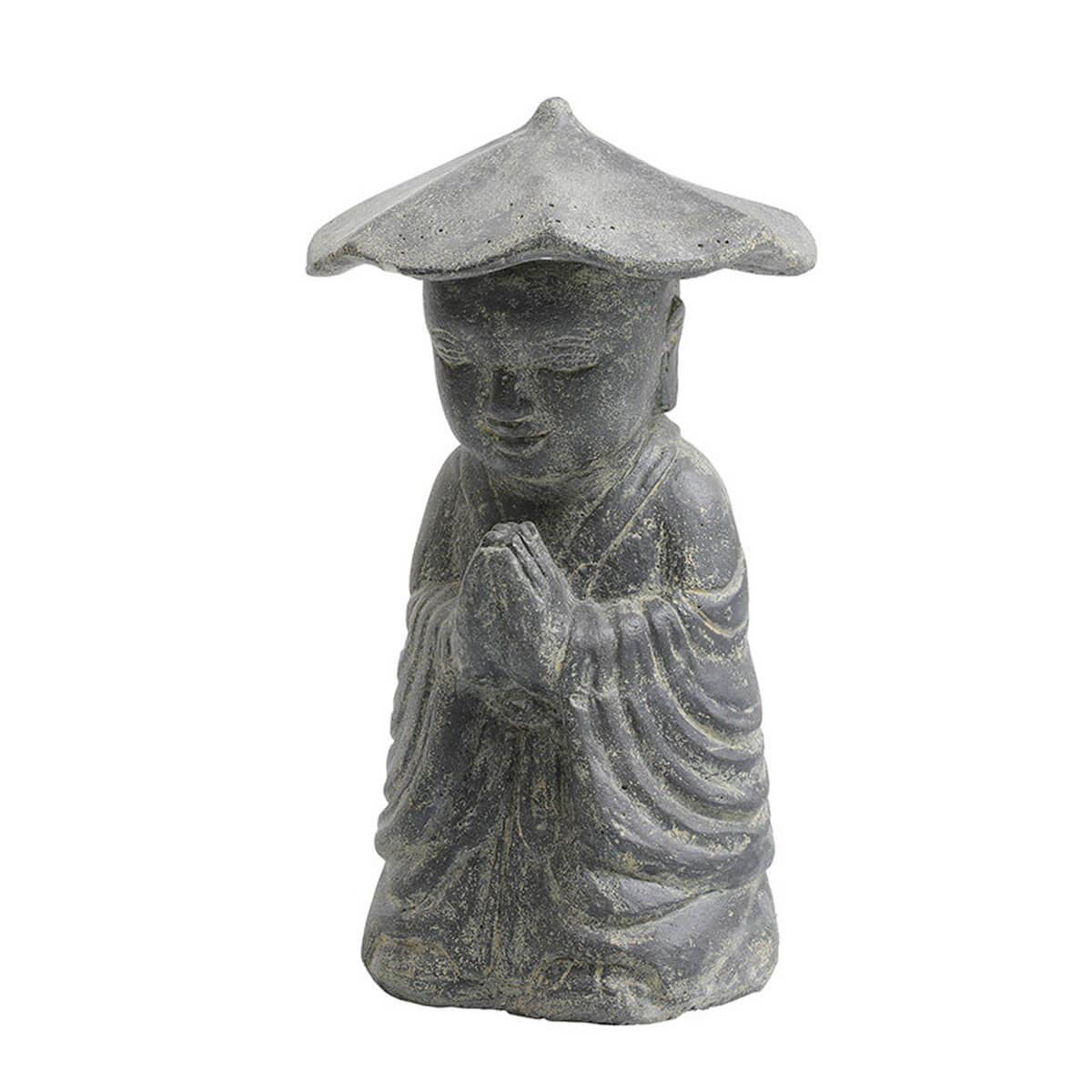 Statue de 50cm en pierre reconstituée fabriquée par nos artisans en Indonésie. Représente un moine à chapeau asiatique, idéal en décoration de jardin ou d'intérieur