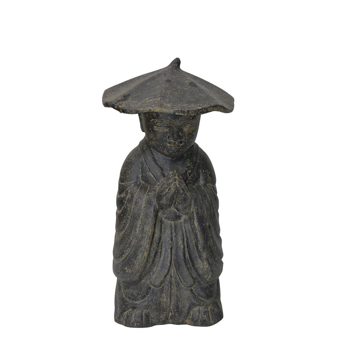 Statue de 60cm en pierre reconstituée représentant un moine à chapeau. Idéale en décoration de jardin