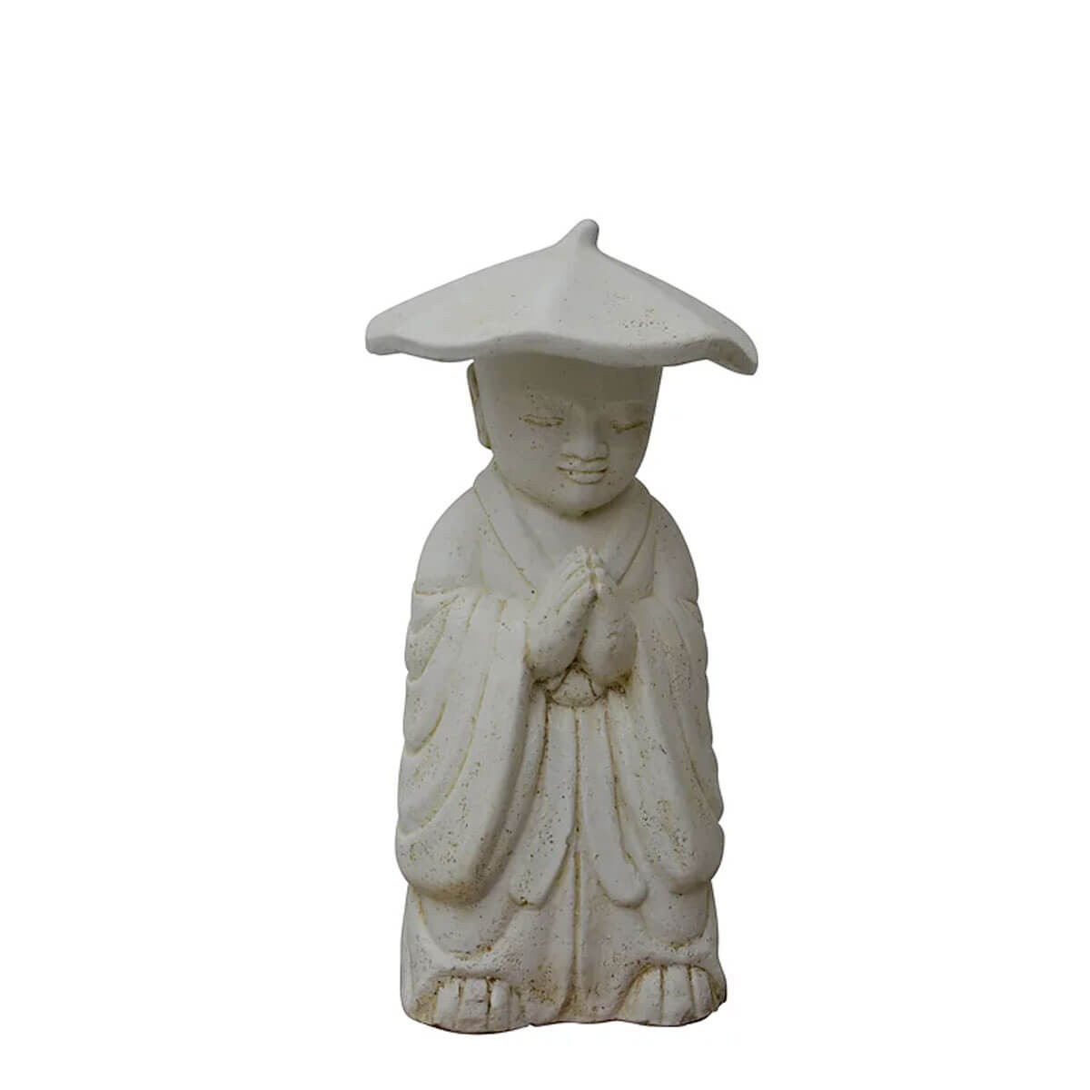 Statue de 60cm en pierre reconstituée représentant un moine à chapeau blanc, idéale en décoration de jardin