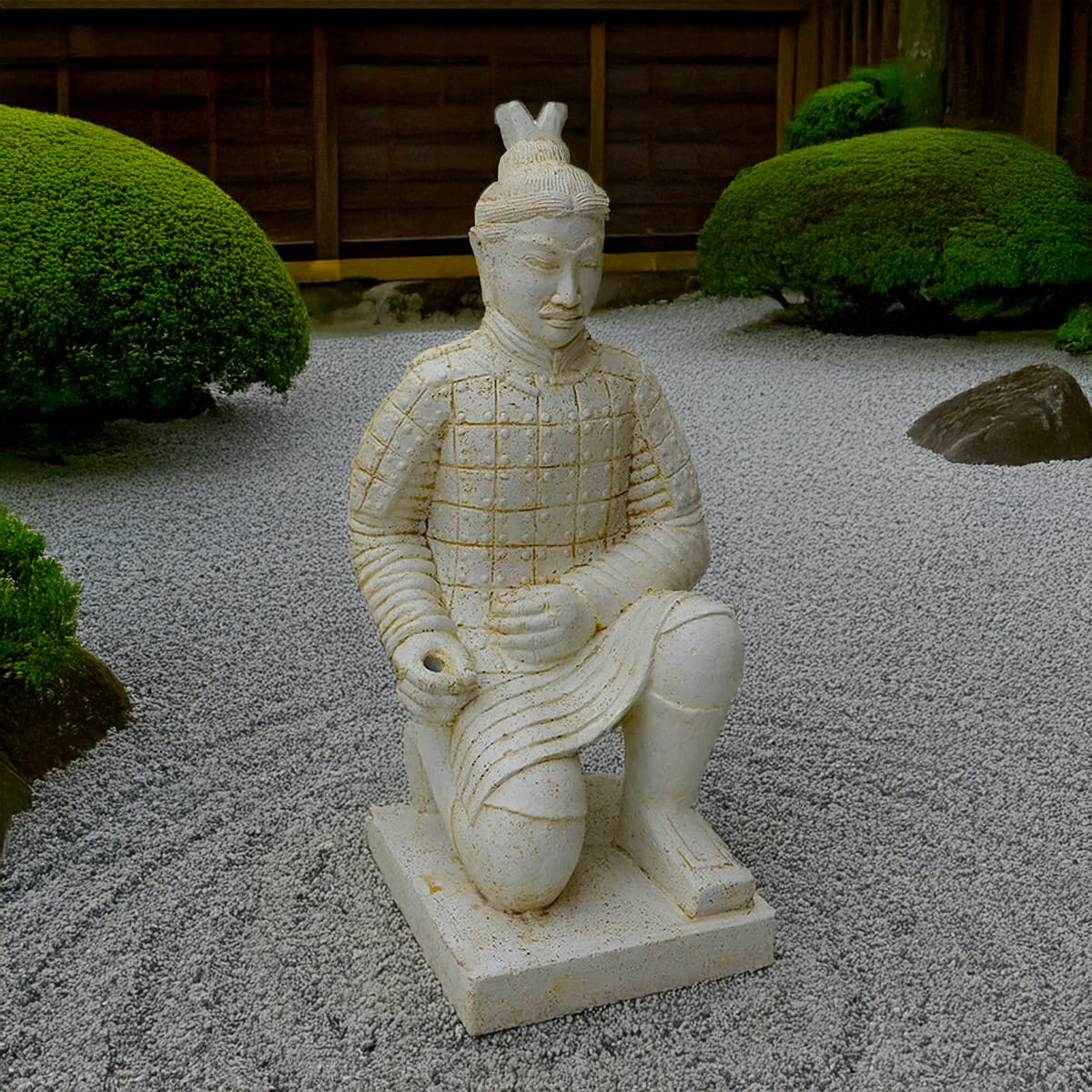 Statue de guerrier chinois à genoux, idéale pour la décoration de jardin