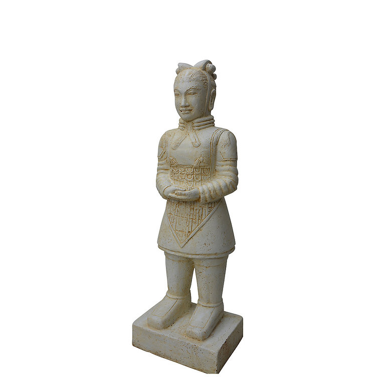 Statue représentant un guerrier chinois debout blanc, idéal en décoration de jardin, d'intérieur ou pour un bassin avec des koïs