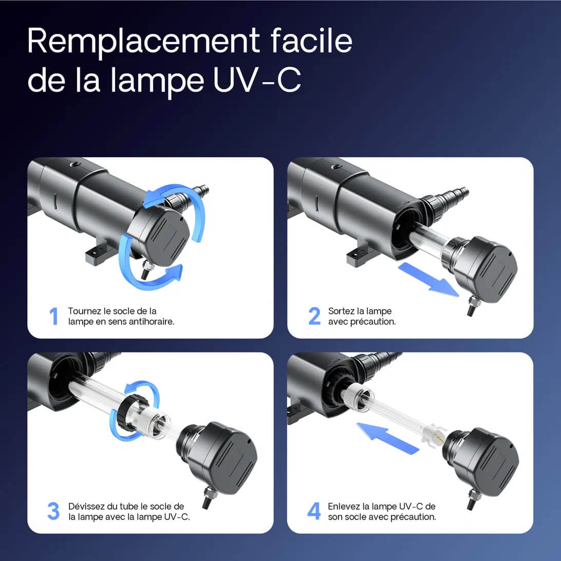 Remplacement lampe UV-C SunSun CUV-224 en 4 etapes sans outil