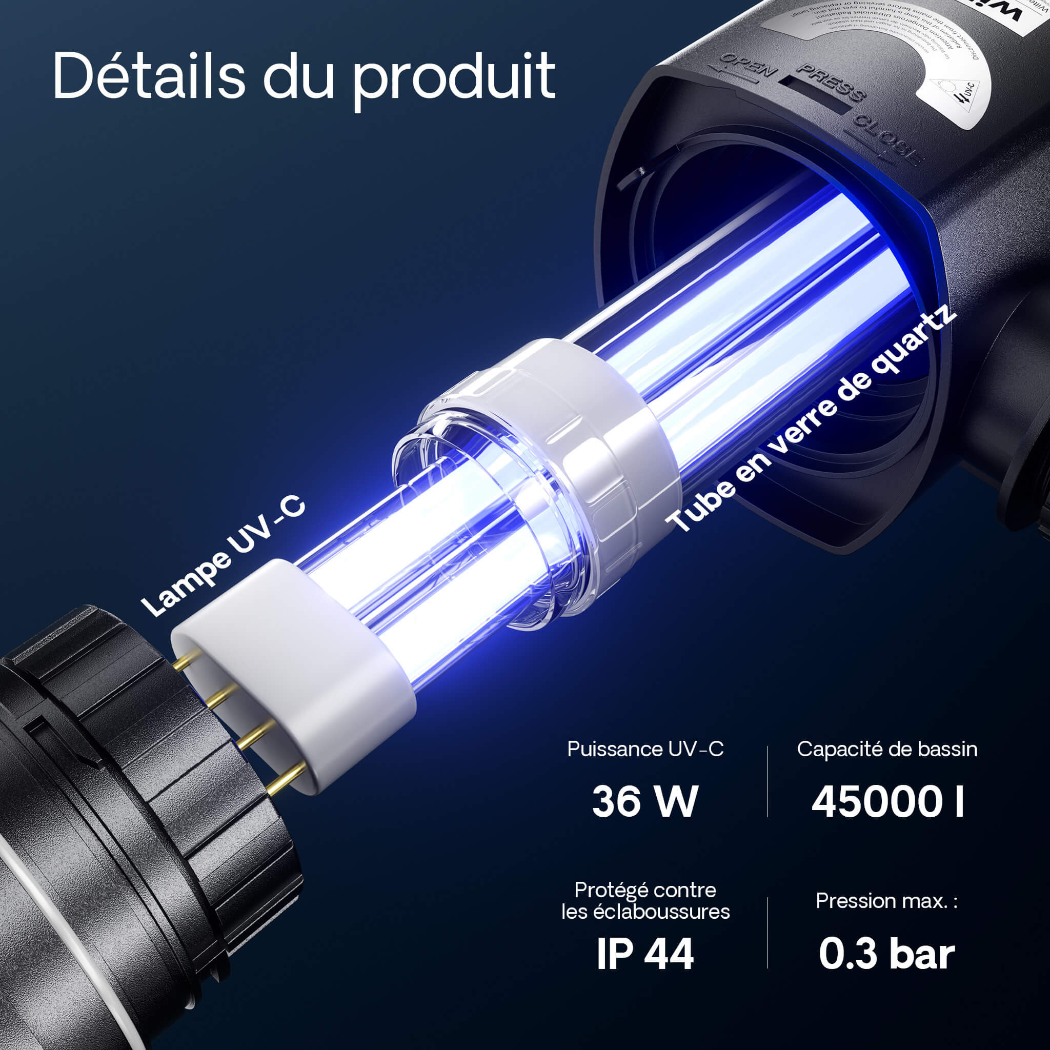 SunSun CUV-236 lampe UV-C 36W tube quartz detail IP44 0.3 bar