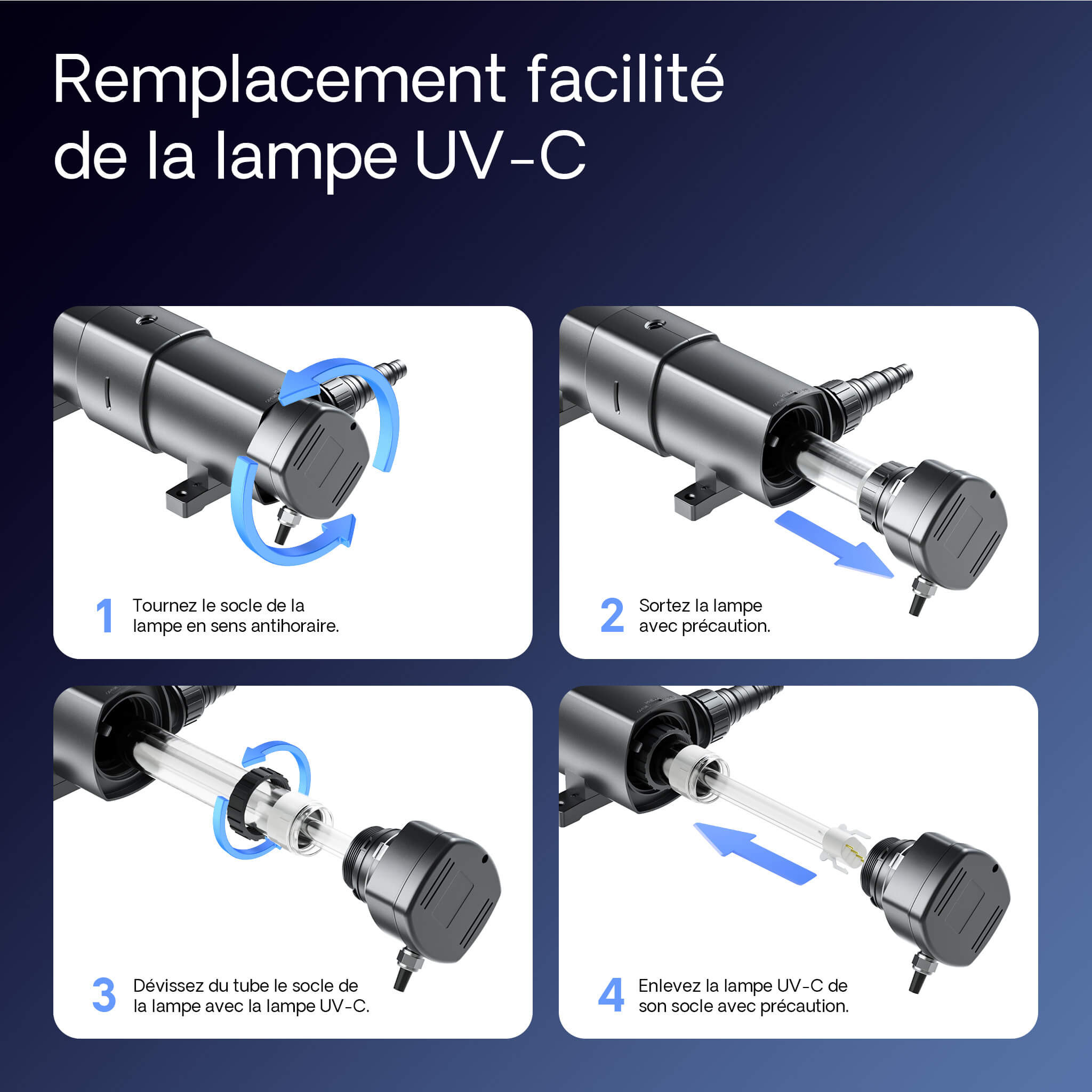 SunSun CUV-236 remplacement lampe UV-C 4 etapes entretien facile