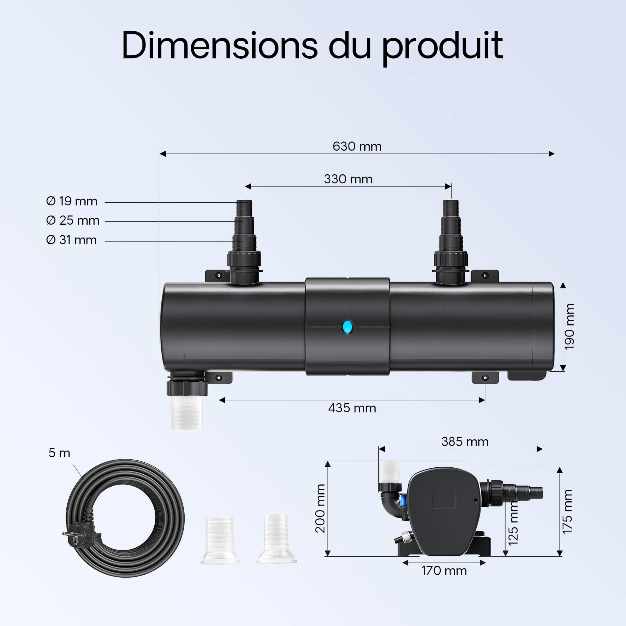 SunSun CUV-2072 plan dimensionnel 630mm raccords 19 25 31mm cable 5m