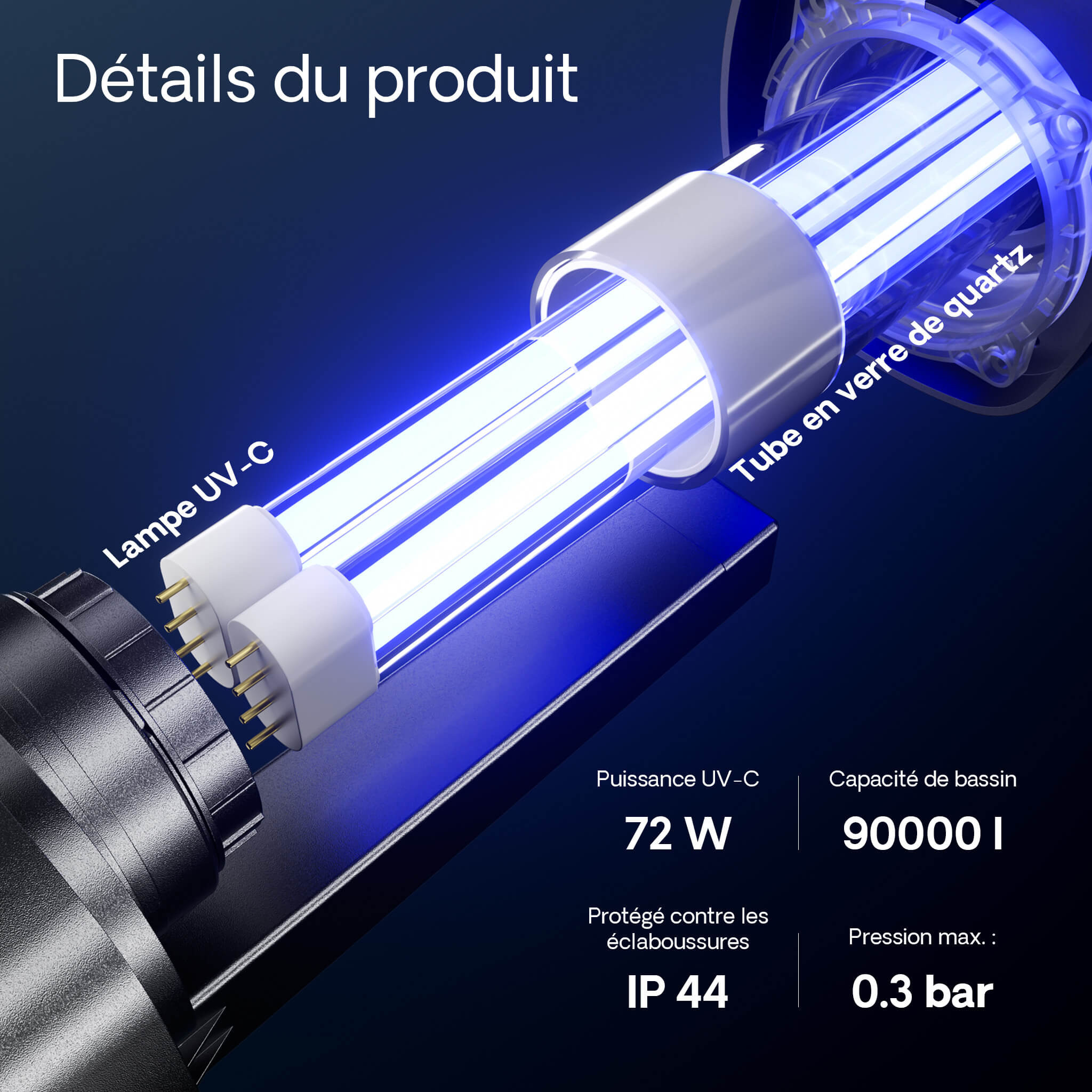 SunSun CUV-2072 detail lampe UV-C PL 36W tube quartz IP44 0.3 bar