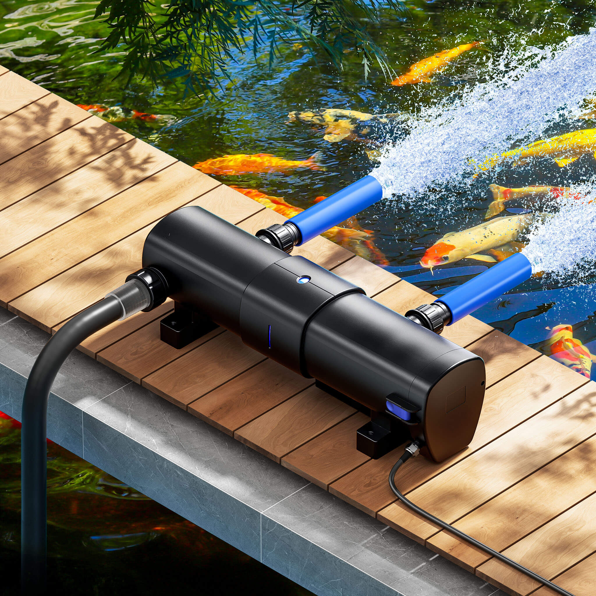 SunSun CUV-2110 installe bord de bassin a kois avec tuyaux bleus