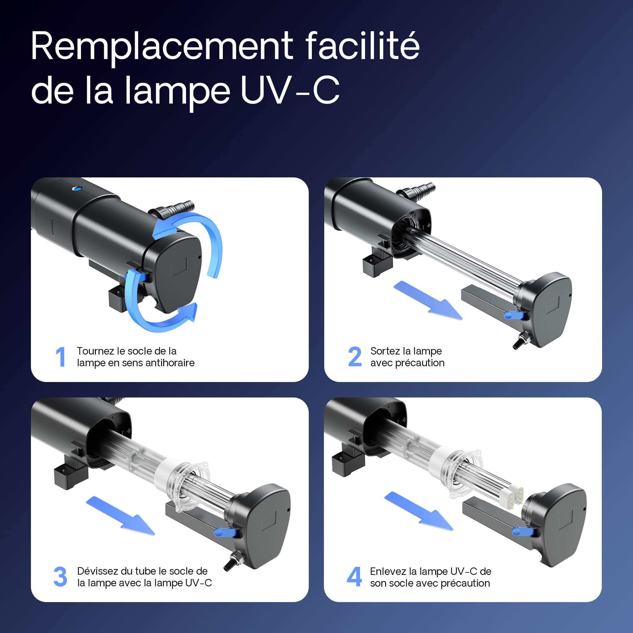SunSun CUV-2110 remplacement lampe UV-C 4 etapes