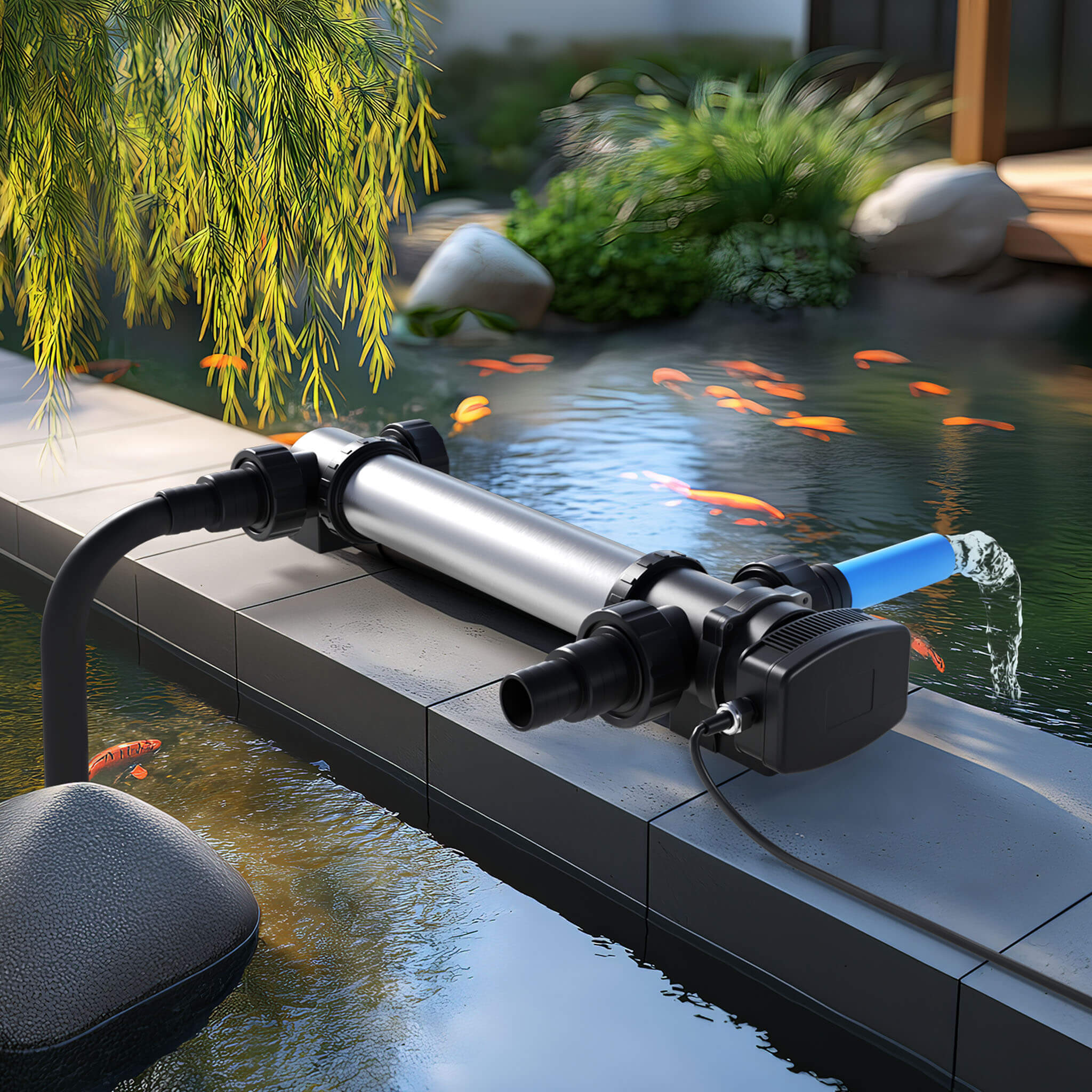 SunSun CUV-736 installe au bord d un bassin a poissons