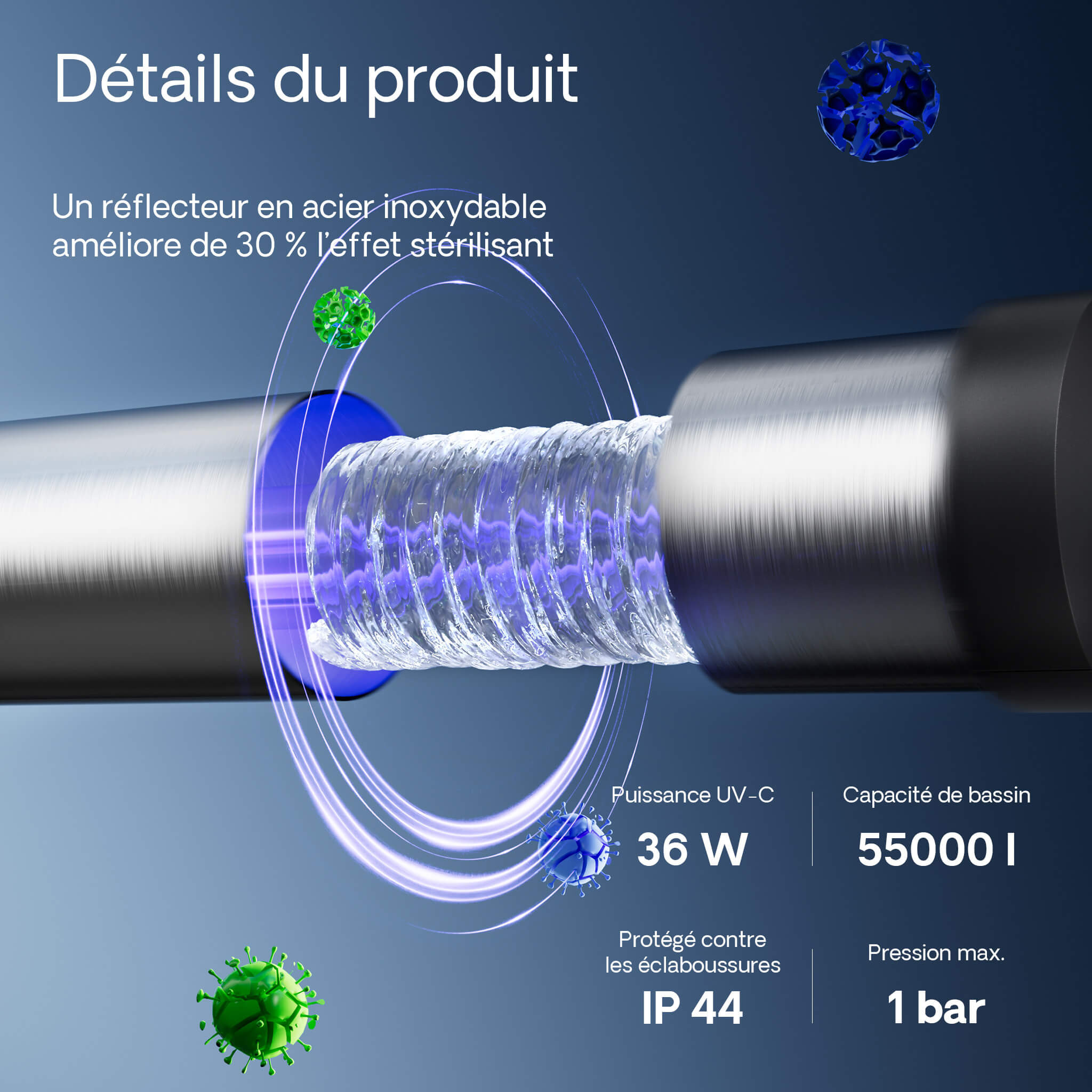 Reflecteur inox et lampe UV-C 36W du SunSun CUV-736