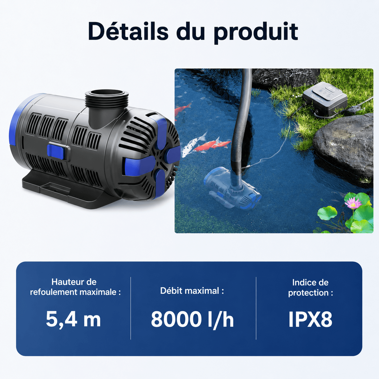 Sunsun CET-8000 details pompe de bassin 5,4 m et IPX8