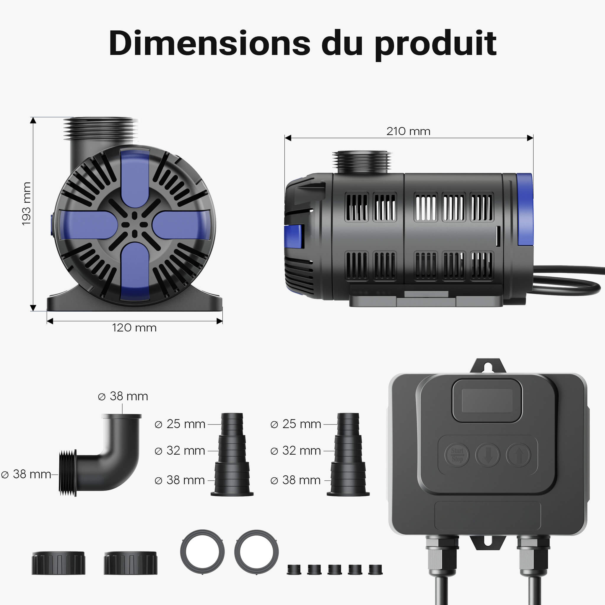 Sunsun CET-15000 dimensions de la pompe et raccords
