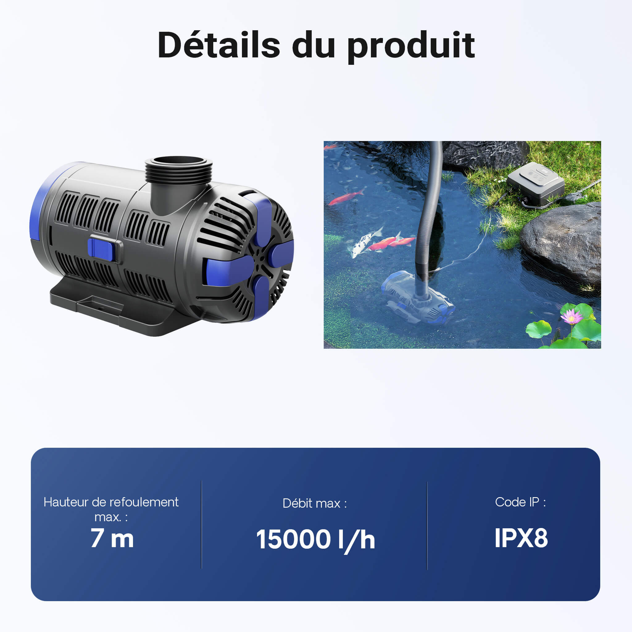 Sunsun CET-15000 details debit 15000 l/h refoulement 7 m IPX8